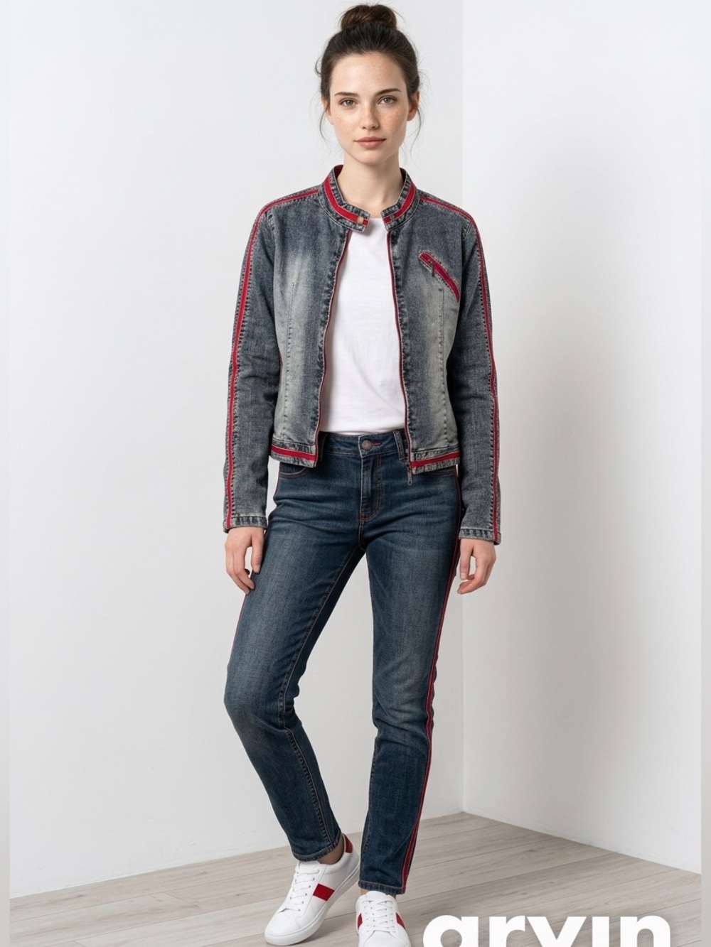 Picasso Style Jean PSJ Red Stripe Moto Denim Jacket Size M